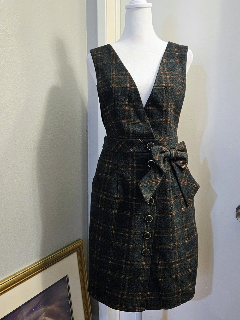 Plaid V-Neck Sleeveless Sheath Dress with Bow - Black & Brown Size Large